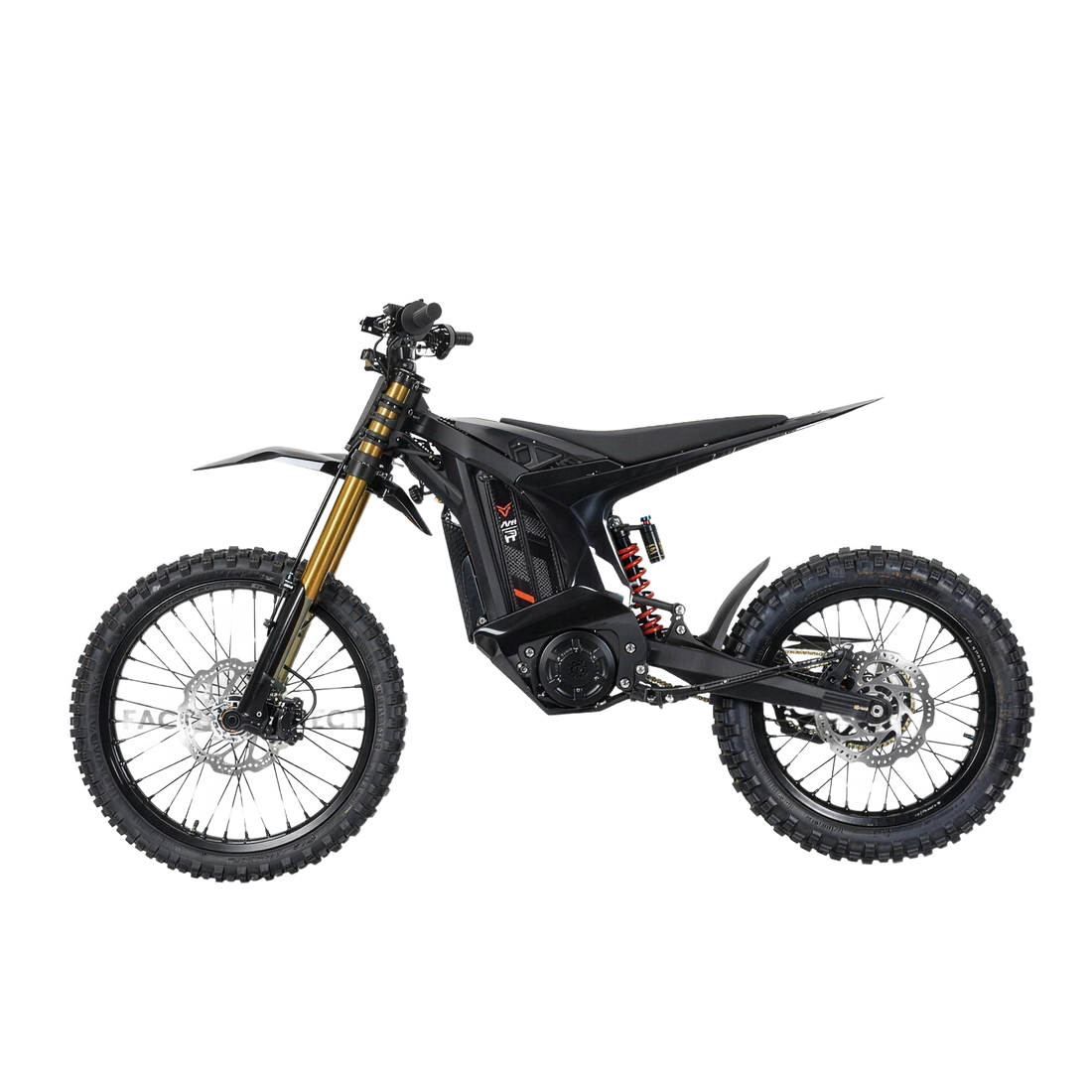 Arctic Leopard XE Pro R electric dirt bike, full side profile with gold inverted forks and red rear coil shock