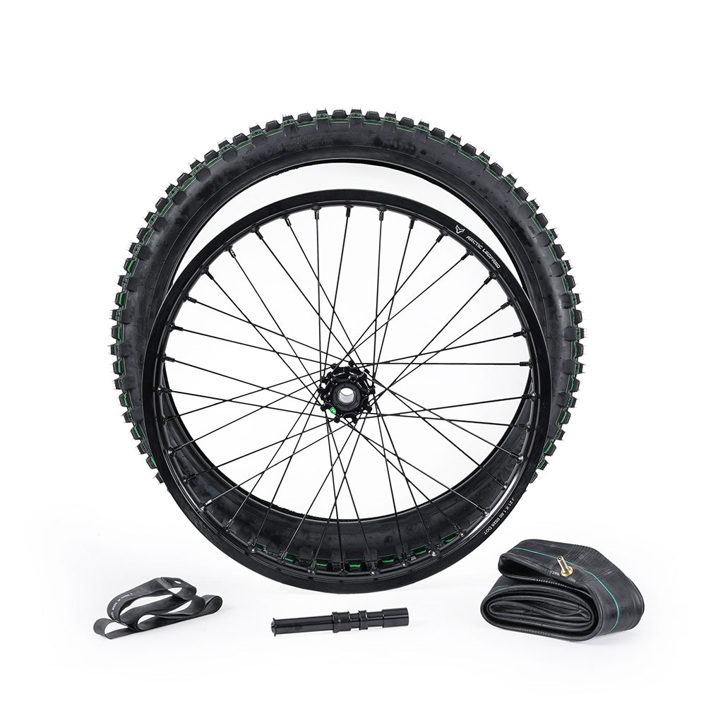 Arctic Leopard XE Pro R wheel assembly: spoked wheel with knobby off-road tire mounted, shown with inner tube, rim tape and valve tool