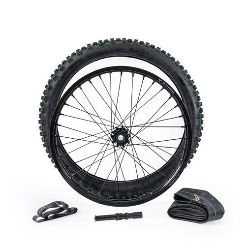 Arctic Leopard XE Pro R wheel assembly: spoked wheel with knobby off-road tire mounted, shown with inner tube, rim tape and valve tool