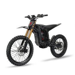 Arctic Leopard XE Pro R electric dirt bike, front three-quarter view showing the gold inverted forks and knobby off-road tires