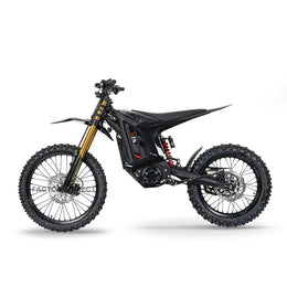 Arctic Leopard XE Pro R electric dirt bike, full side profile with red rear coil shock and gold inverted forks