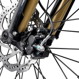 Front hydraulic brake caliper and disc on the Arctic Leopard XE Pro R, with gold fork lower and spoked wheel