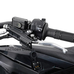 Hydraulic brake lever and switch pod on the Arctic Leopard XE Pro R, with the charging port visible below