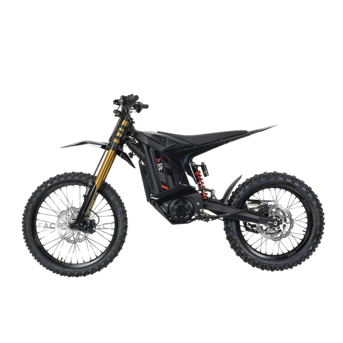 Arctic Leopard XE Pro R electric dirt bike, full side profile with gold inverted forks and red rear coil shock